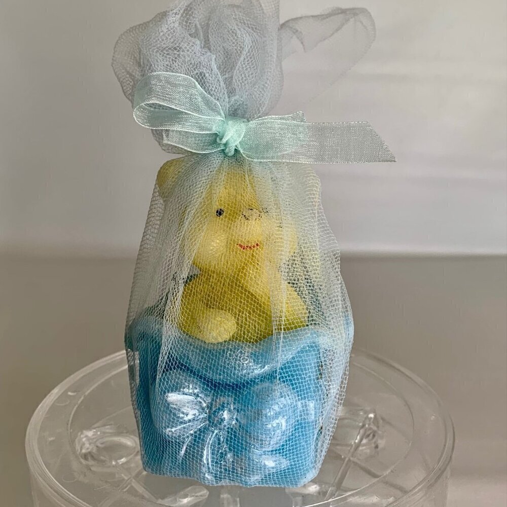Teddy Bear Candle Happy Bear Blue Yellow Wax Baby Boy Unique Shower Gift Vintage